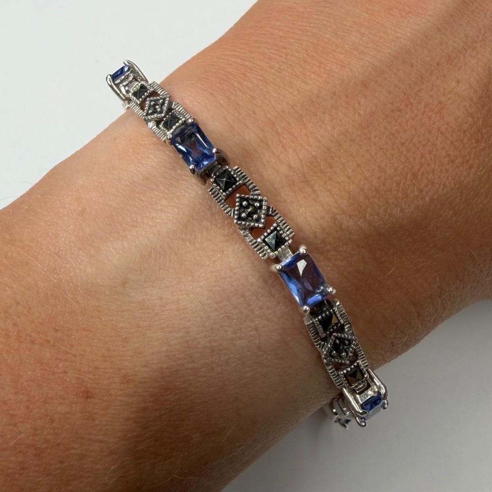 Vintage 925 Sterling Silver Blue Stone Marcasite Art Deco Tennis Bracelet Women